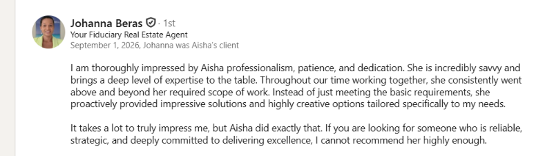 LinkedIn recommendation for Aisha from Johanna Beras, real estate agent