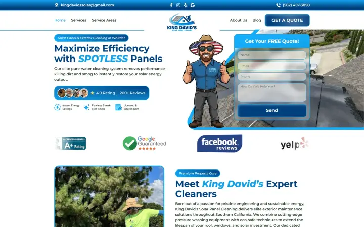 King David's Solar Panel Cleaning website homepage built by KRWAAH