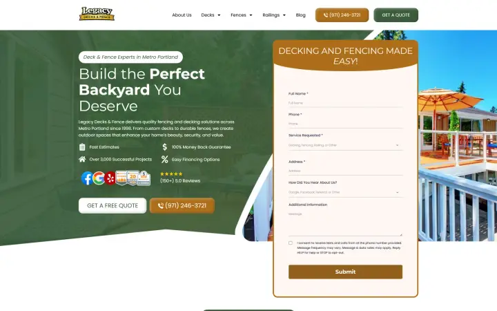 Legacy Decks and Fence website homepage built by KRWAAH