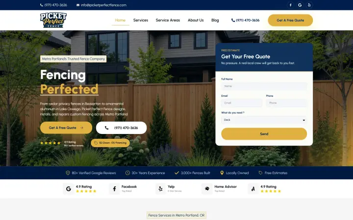 Picket Perfect Fence website homepage built by KRWAAH