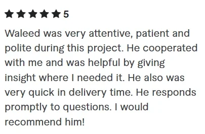 5 star review from Rakani: Waleed was very attentive, patient and polite during this project. He cooperated with me and was helpful by giving insight where I needed it. He also was very quick in delivery time. He responds promptly to questions. I would recommend him!