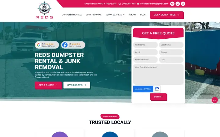 Reds Dumpster Rental website homepage built by KRWAAH
