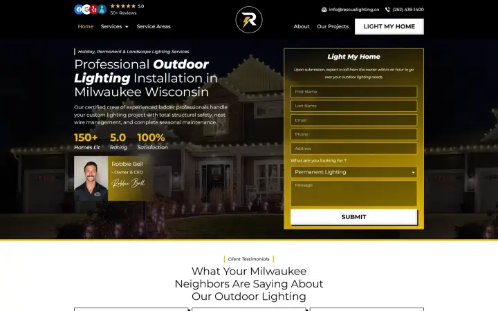 Rescue Lighting website homepage built by KRWAAH